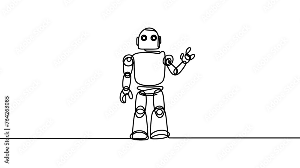 Continuous one line drawing toy robot for kids. Retro robot vintage toys. Metal computer man or cyborgs. Friendly mechanism. Children's toy robot. Single line draw design vector graphic illustration