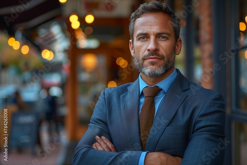 Confident mature businessman outdoors with arms crossed, looking directly at the camera with poise