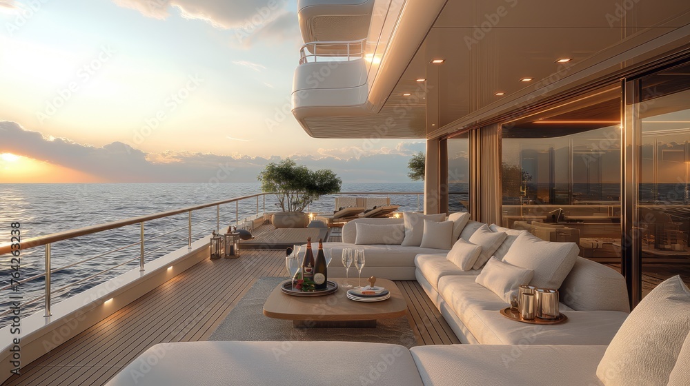 an uncovered sofa nestled on the aft deck of a superyacht, providing an unparalleled view of the Sea at sunrise, with the early morning sun casting a golden glow over the serene.