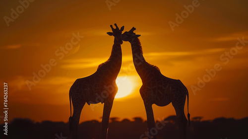 Giraffes at sunset. 