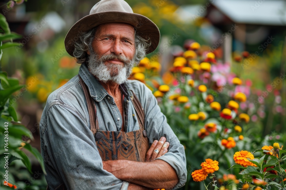 An elderly man with a gray beard smiles, arms crossed, as he stands among vibrant flowers wearing a hat and apron An elderly man with a gray beard smiles, arms crossed, as he stands among vibrant flowers wearing a hat and apron