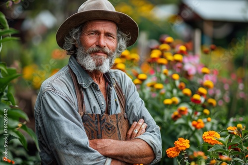 An elderly man with a gray beard smiles, arms crossed, as he stands among vibrant flowers wearing a hat and apron