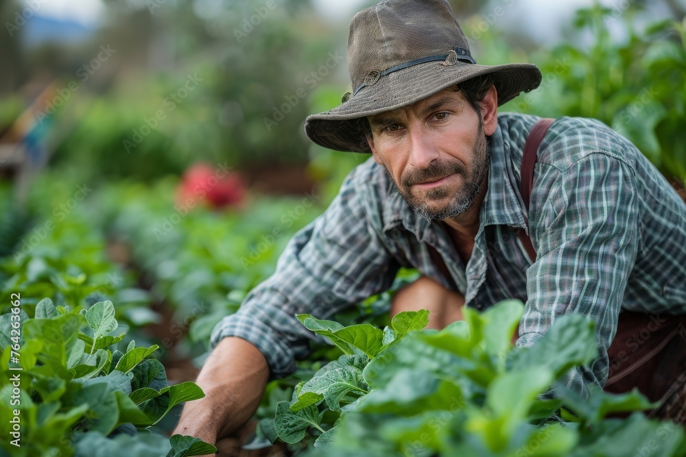 A farmer in a hat is captured hands-on amongst vibrant green vegetable crops, focused on cultivating the earth