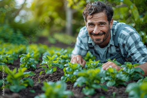 Smiling male farmer with positive demeanor tending to young green plants in a well-maintained vegetable plot