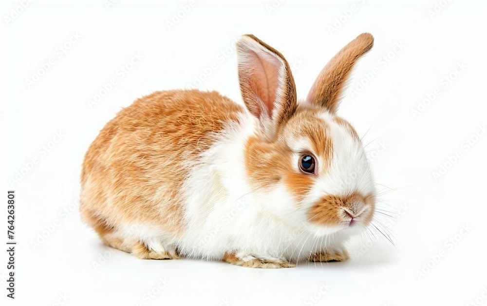 Munching Beauty White and Brown Rabbit Isolated on White Background. Munching Beauty White and Brown Rabbit Isolated on White Background.