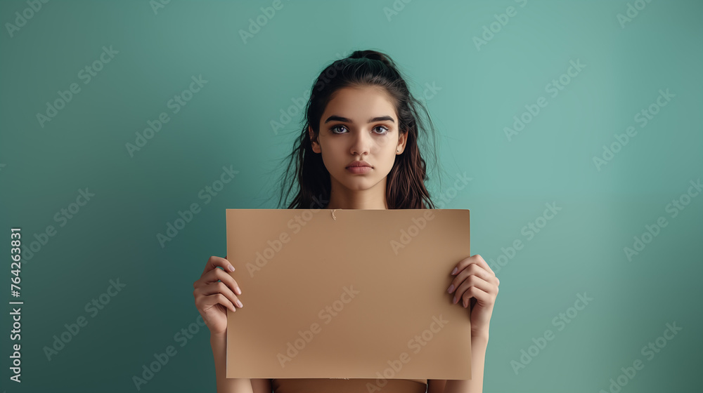 Serious girl holding a blank sign, looking at the camera on a plain background Serious girl holding a blank sign, looking at the camera on a plain background