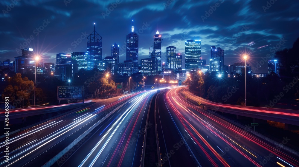 City at night, with its iconic skyline illuminated against a deep blue sky, featuring a bustling highway overpass adorned with motion-blurred cars traversing the scene.