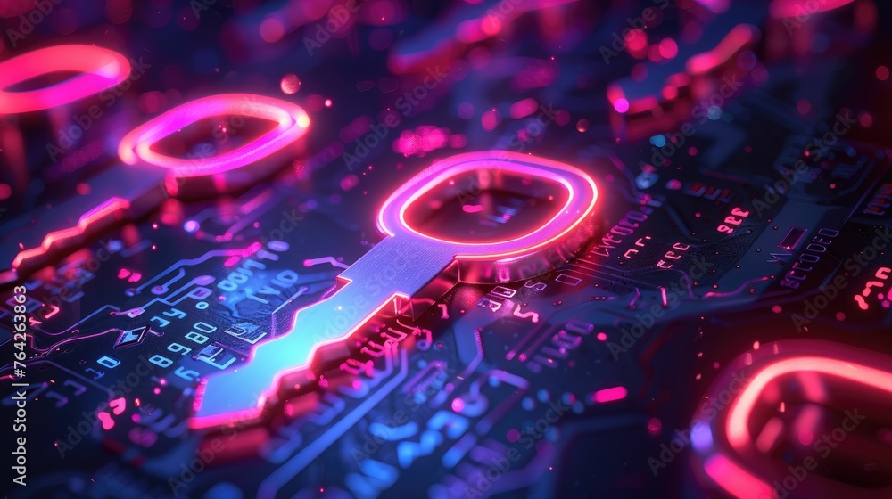 Fototapeta premium Soft neon cybersecurity keys, subtle glow, tech safety