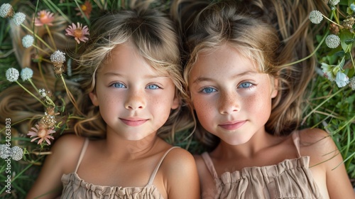 Two Young Girls Laying in Grass