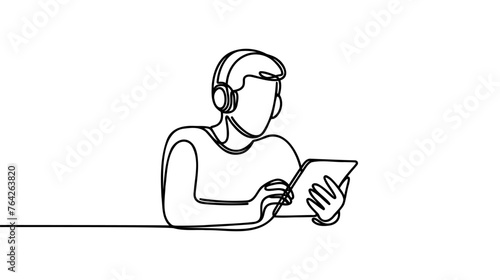 Silhouette of man with tablet. Concept of business banner. One line continuous minimalism vector illustraiton. Line art, outline.