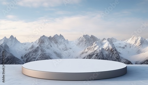 A podium for product presentation with snow covered mountains in the background
