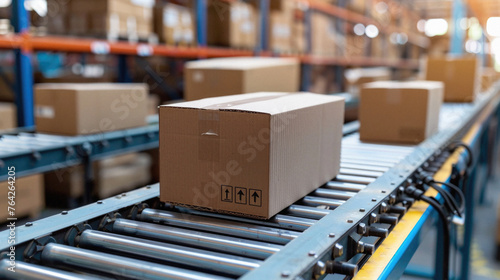 Cardboard box parcel on conveyor belt. Carton packages retail orders delivery, supply and distribution, cargo freight warehouse, factory and manufacturing business industry concept background. © Synthetica