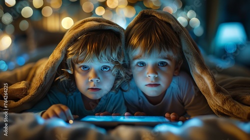 Two Young Children Using Tablet in Bed