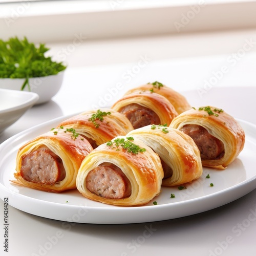 Side view of simple sausage rolls, elegantly arranged on a white plate.