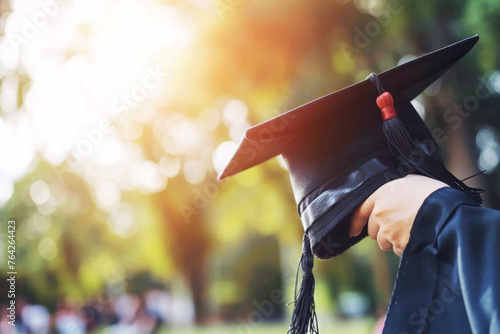 Student taking graduation cap on blur summer background, life style, free space for text. photo