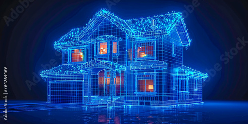 Festive Christmas House at Night, Decorated with Colorful Lights photo