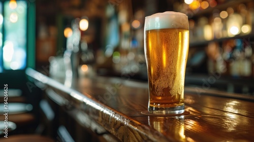 A glass of cold beer on the bar counter