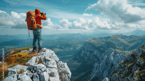 Man Standing on Mountain Top Taking Picture