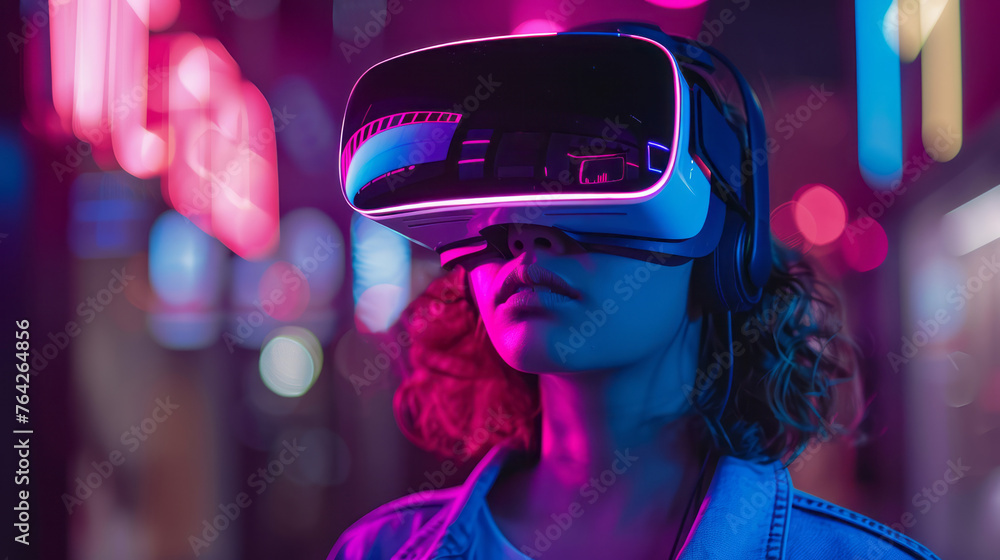 Woman wearing futuristic VR glasses Gaming Experience. An exciting virtual reality adventure. Neon color background Woman wearing futuristic VR glasses Gaming Experience. An exciting virtual reality adventure. Neon color background
