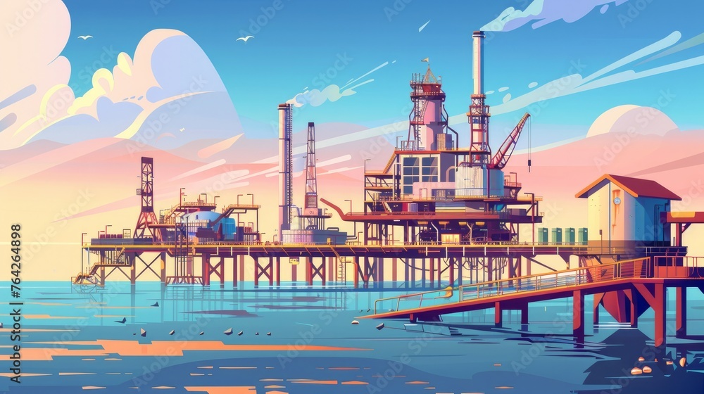 A gas and oil industry platform, complete with outbuildings A gas and oil industry platform, complete with outbuildings