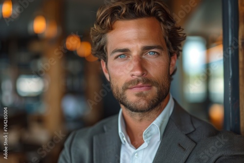 This captivating man with striking blue eyes and casual attire exudes confidence in a sophisticated indoor setting