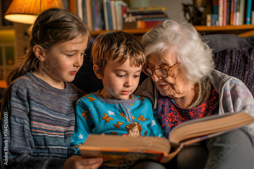 Grandmother reading fairy tail to her grandchildren