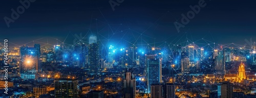 smart grid and connectivity technology against the backdrop of city illuminated skyline at night, offering a panoramic view of urban innovation.