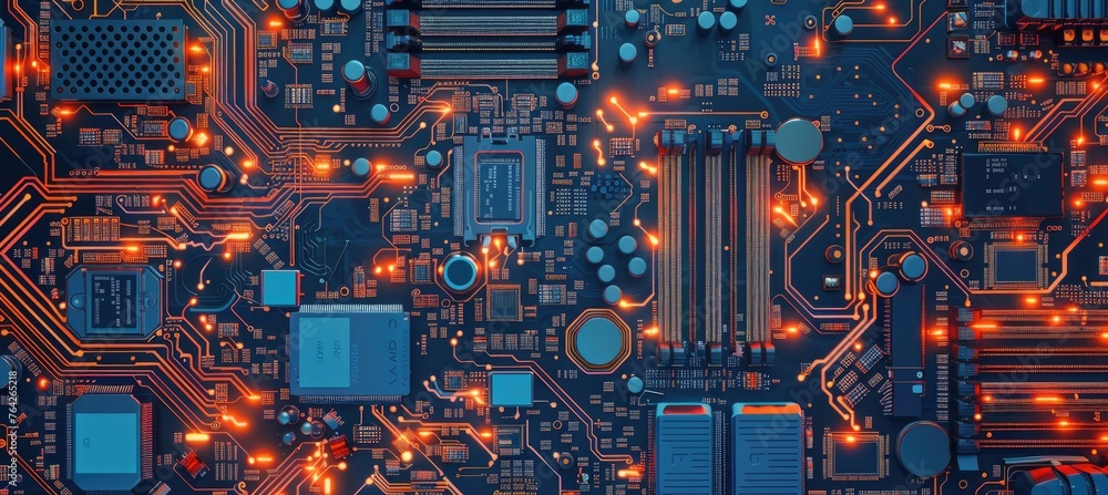 Computer motherboard with CPU. Circuit board system chip with core processor. Computer technology background.