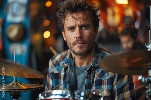Ruggedly handsome man with intense eyes is drumming in a vibrant music scene ambiance