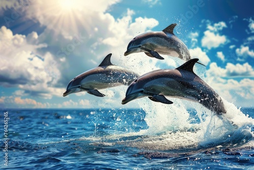 Beautiful bottlenose dolphins jumping out of sea with clear blue water on sunny day © Lubos Chlubny