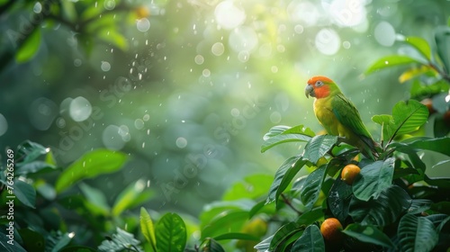 An online broadcast setup with a video camera focused on a colorful parrot nest hidden within a lush tropical rainforest, showcasing the vibrant life cycle of these birds as they interact and feed