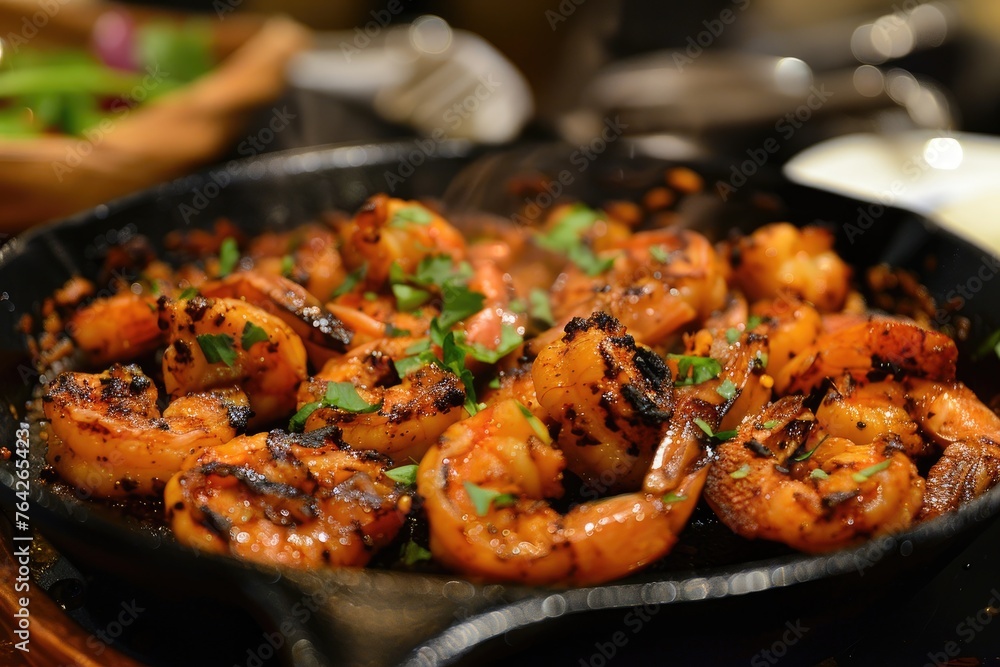 Spicy roasted shrimps in cast iron pan. Spicy roasted shrimps in cast iron pan.