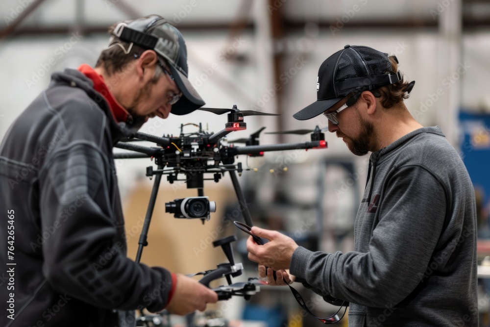 Candid shot of two technicians collaborating while discussing a partially assembled drone in a behind-the-scenes moment