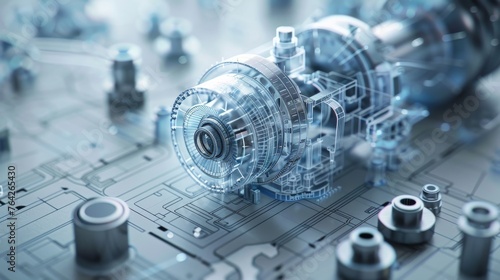 Detailed 3D rendering of an engineer's blueprint overlaid on a machinery part, blending design and function