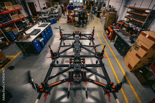 A wide-angle shot capturing a commercial drone frame assembly in a large warehouse filled with various machines