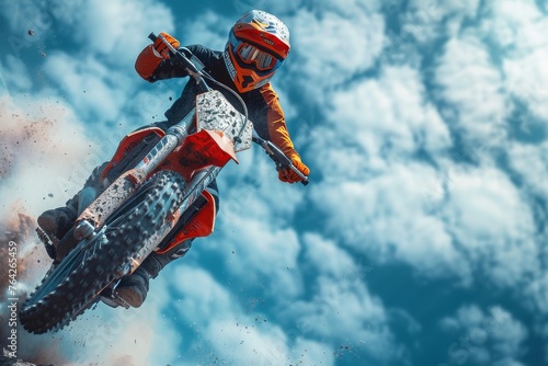 A dynamic shot of a motocross rider soaring through the air against a cloudy sky, exuding the thrill and energy of extreme motor sports