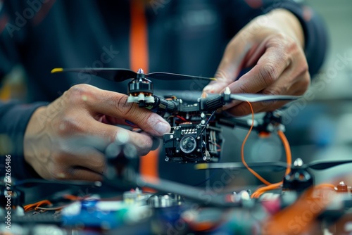 Close-up shot of a technicians hands installing a high-precision sensor into a drones body