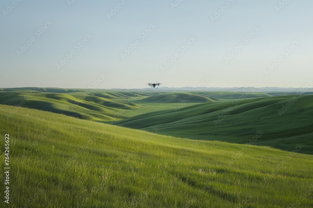 Wide-angle shot of a green field with a lone tree in the distance, captured by a sophisticated drone