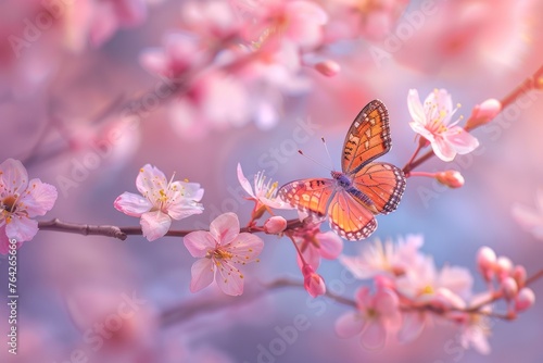 Close-up of a small, colorful butterfly perched on a blossoming cherry blossom branch, readying to take flight © Ilia Nesolenyi