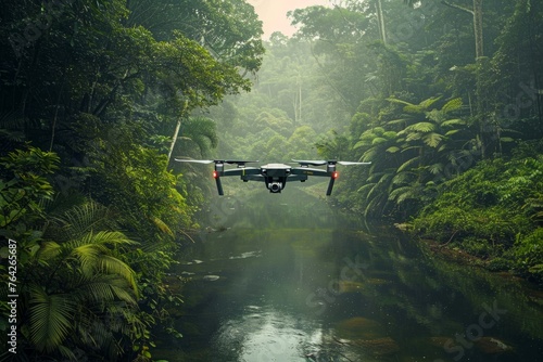 A small plane flies over a river in the middle of a dense forest, captured from a slight elevation with a front-facing view