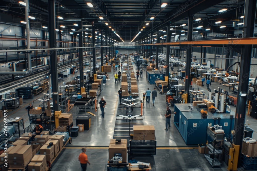 A large warehouse bustling with activity as technicians move between workstations and automated machines, filled with boxes - obrazy, fototapety, plakaty 