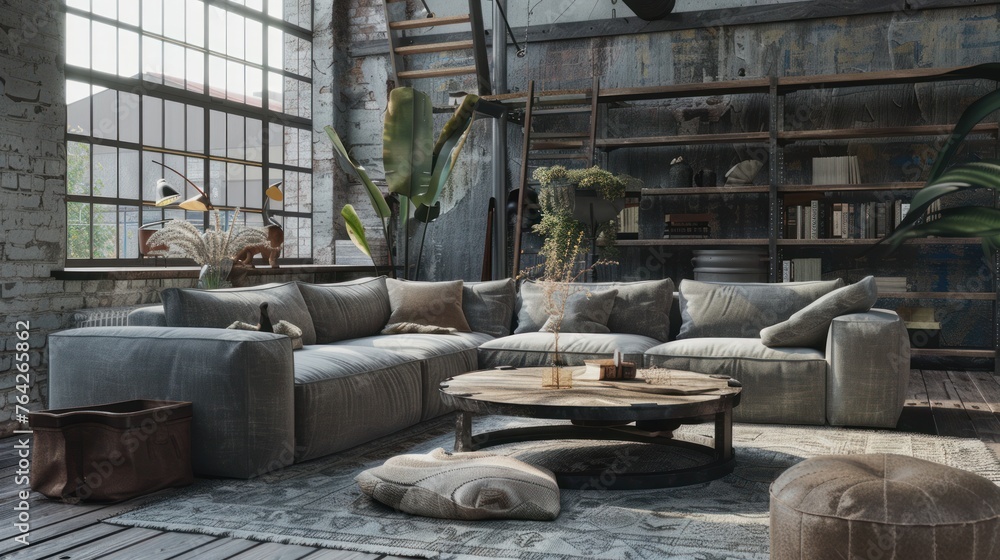 A living room loft, embracing the raw and edgy aesthetics of industrial style