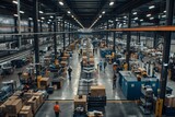 A large warehouse bustling with activity as technicians move between workstations and automated machines, filled with boxes