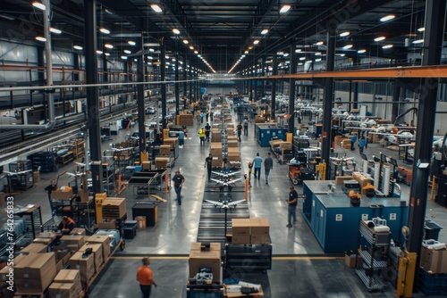 A large warehouse bustling with activity as technicians move between workstations and automated machines, filled with boxes photo