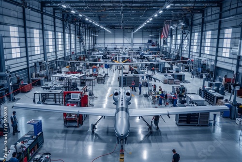 Technicians working on an airplane in a hangar, surrounded by tools and equipment