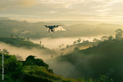 A small plane flies gracefully over a lush green hillside on a serene morning, capturing the tranquil beauty of the landscape © Ilia Nesolenyi