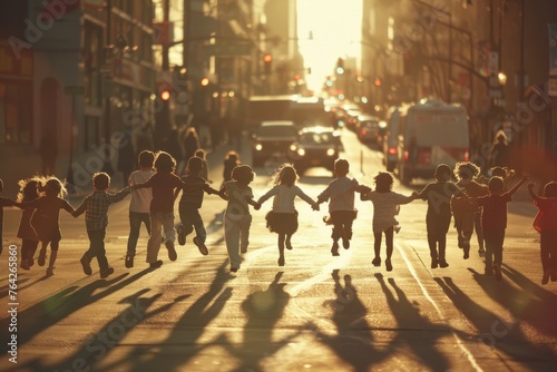 A diverse group of children holding hands and running down a bustling urban street during sunset