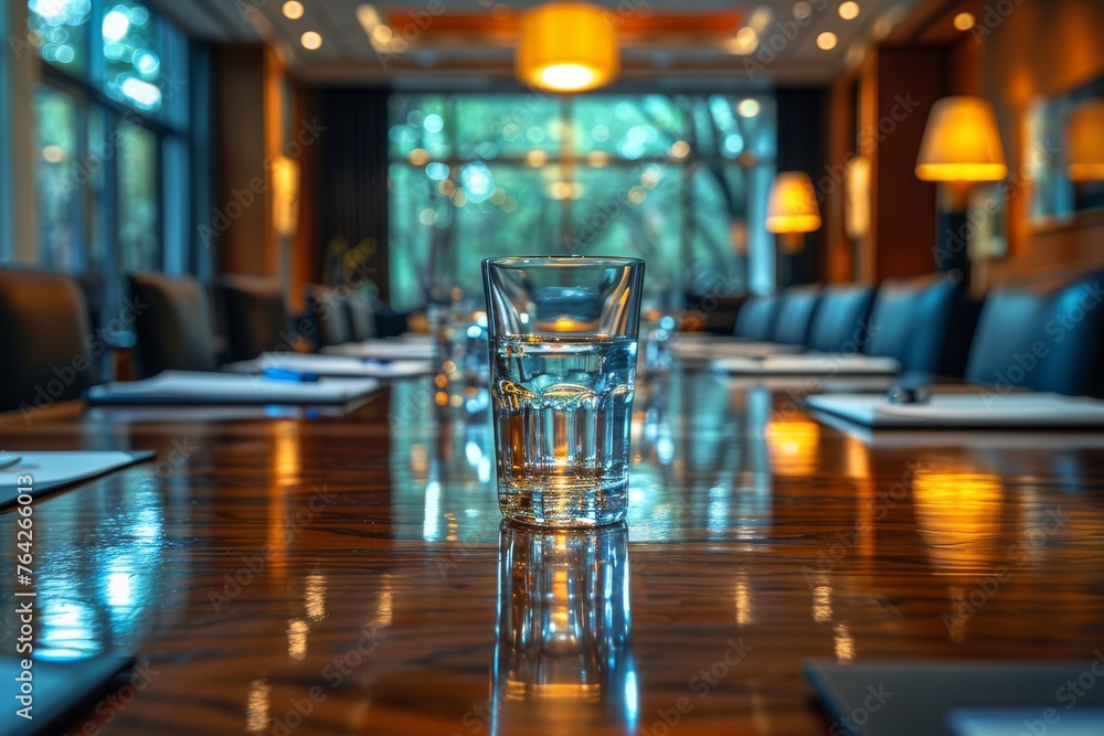 A crystal clear glass of water sits on a polished table in a professional meeting room setup