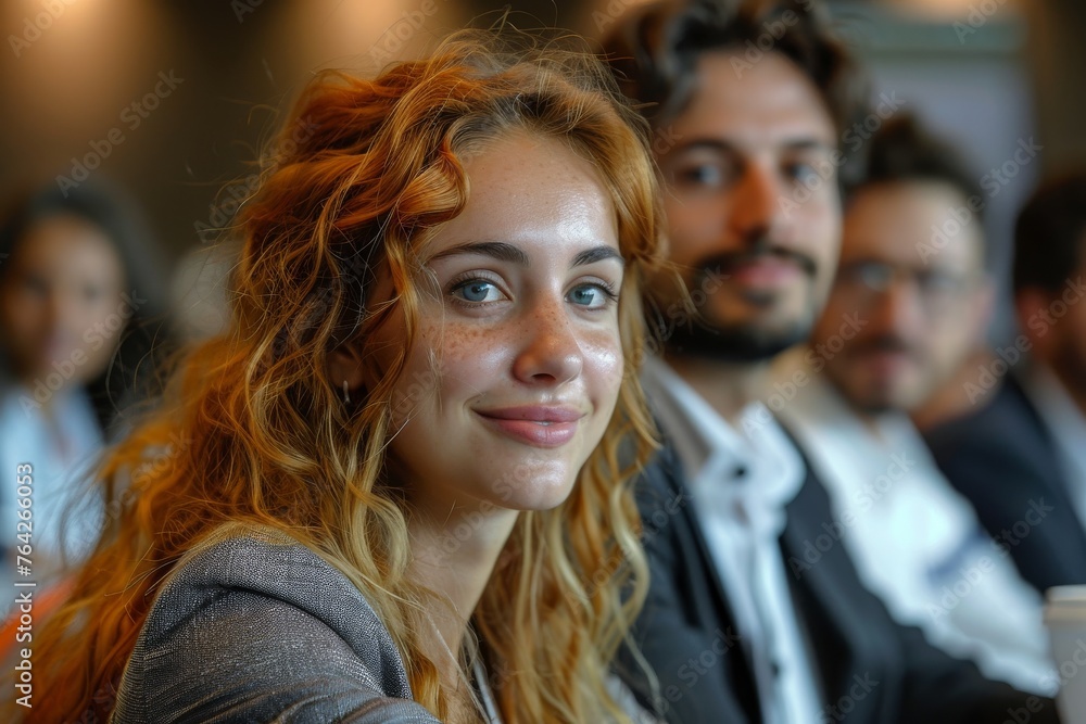 A young woman with red hair smiles during a seminar, representing openness and engagement A young woman with red hair smiles during a seminar, representing openness and engagement