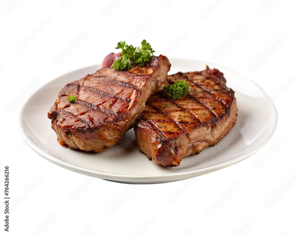Grilled meat steak on white plate. isolated on transparent background. Grilled meat steak on white plate. isolated on transparent background.